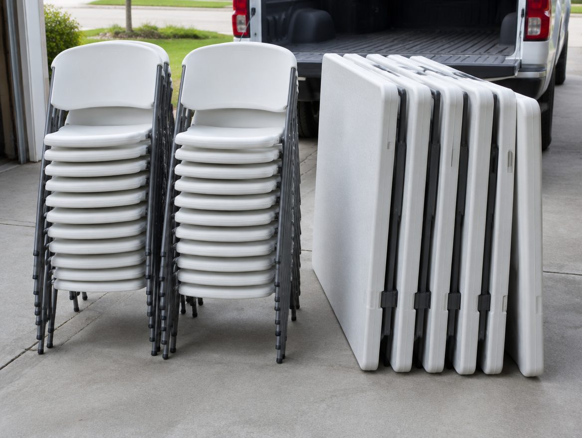 Stack of white folding chairs and 6 ft tables ready for a folding chair rental in Layton