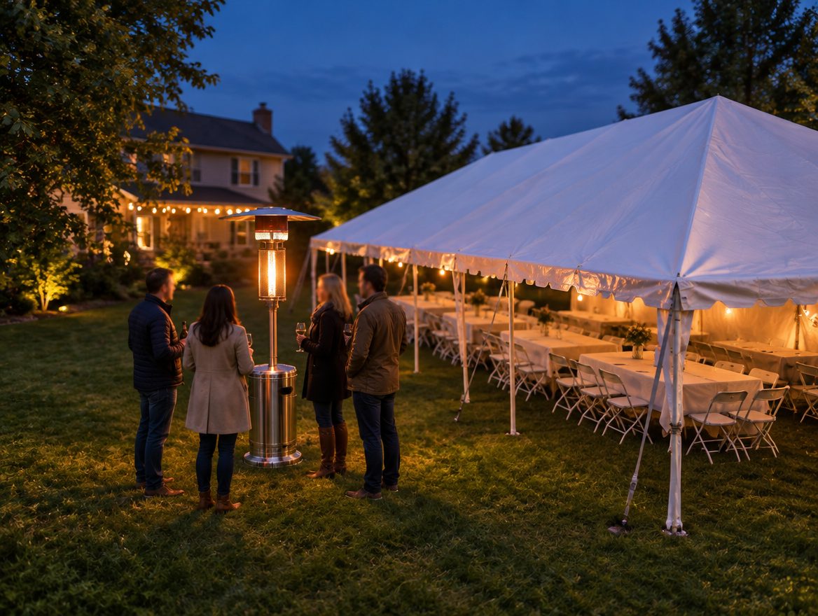 Propane patio heater rental lit at dusk outside a party tent