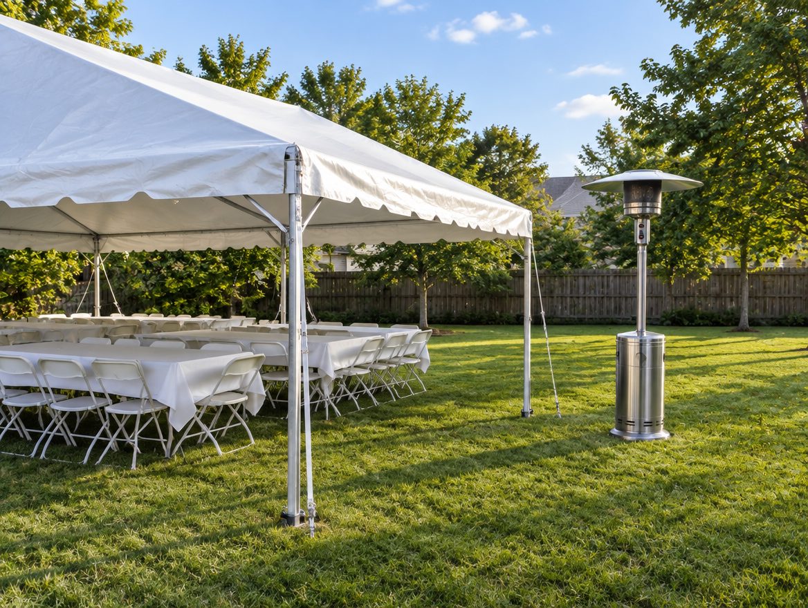 Propane heater standing outside the open edge of a party tent, with clear space between the heater and the canopy