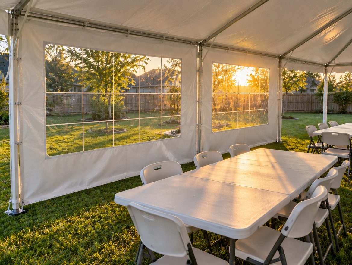 Inside a party tent with 2 clear-window sidewalls on in the evening light
