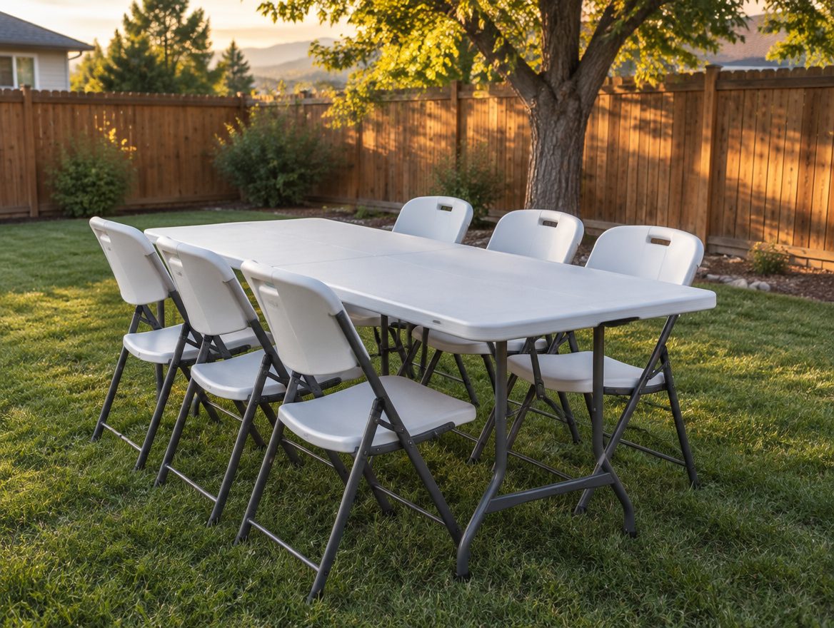 6 ft table set for 6 with white folding chairs in a Davis County backyard