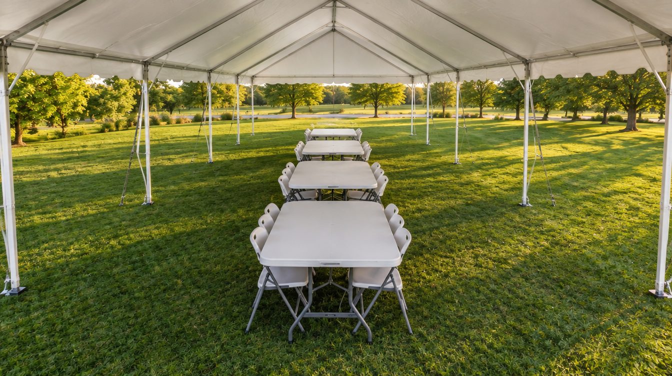 5 tables and 30 white folding chairs set up under a 36x16 party tent rental
