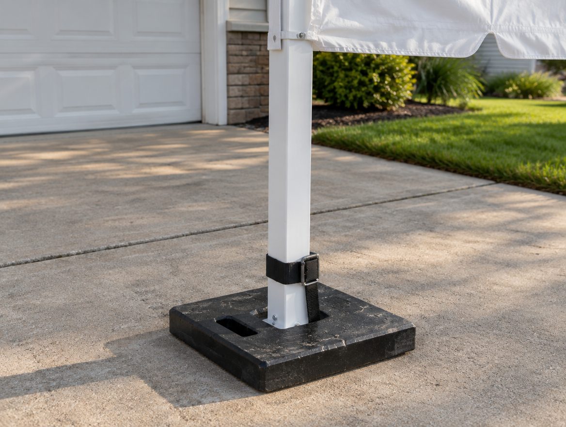 Canopy rental tent leg on a weighted base on a concrete driveway in Davis County