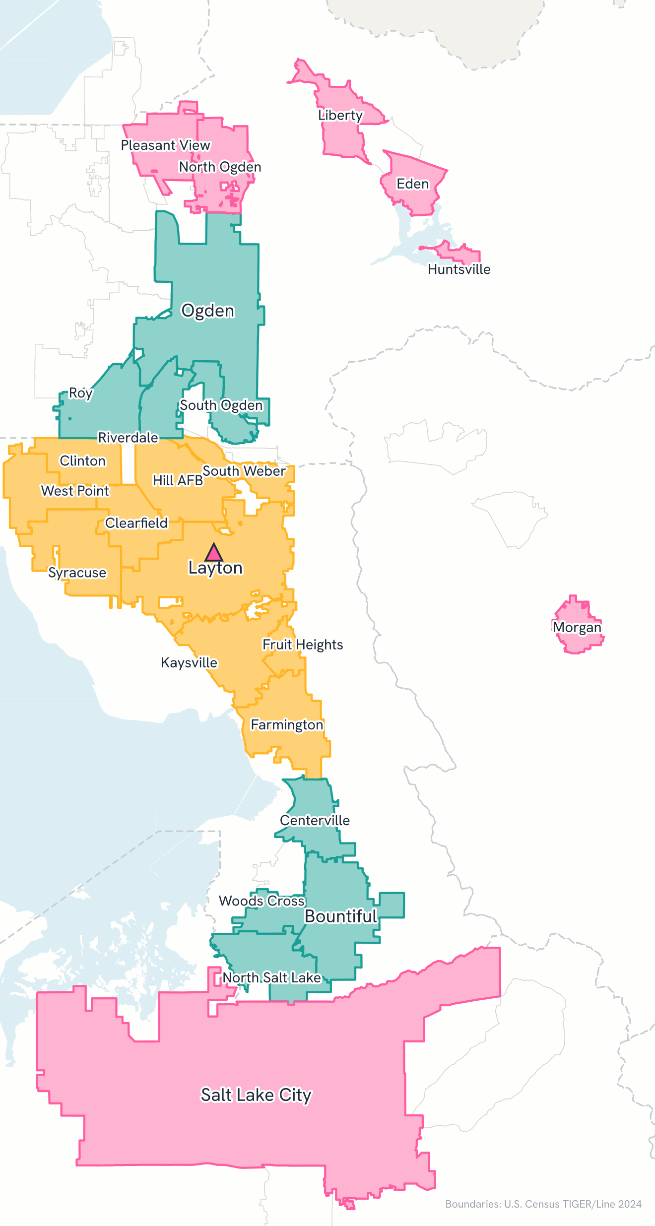 Map of The Party Hutch delivery zones along the Wasatch Front. Zone 1 in yellow covers Layton and its neighbors, Zone 2 in teal covers Ogden and Bountiful, Zone 3 in pink covers Salt Lake City, North Ogden, Morgan and Ogden Valley.